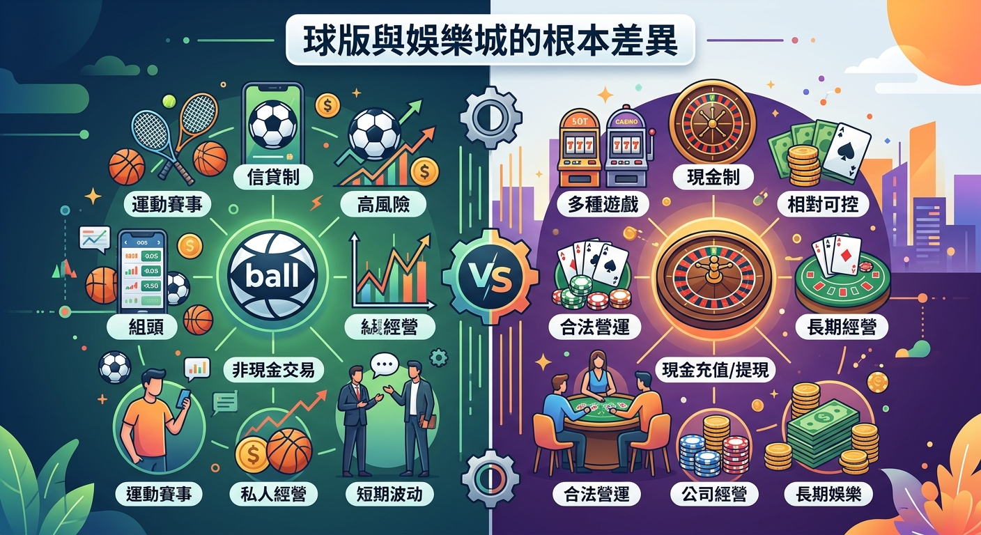 這張圖片以對比圖解呈現「球版與娛樂城」的差異,左側以綠色系代表體育賽事投注與信用制運營。 右側則以紫色系展示包含真人百家樂、輪盤與老虎機等多樣化遊戲的現金制線上娛樂城。