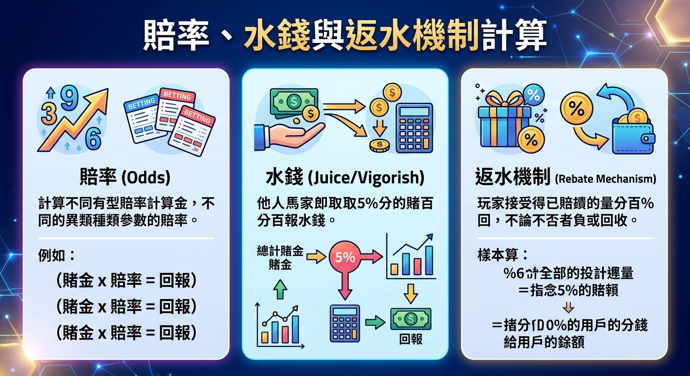 這張圖表以藍色漸層背景呈現,上方標題為「賠率、水錢與返水機制計算」。 內容分為三大區塊,分別透過圖示與算式解析賠率(Odds)、水錢(Juice/Vigorish)以及返水機制(Rebate Mechanism)的運作概念。
