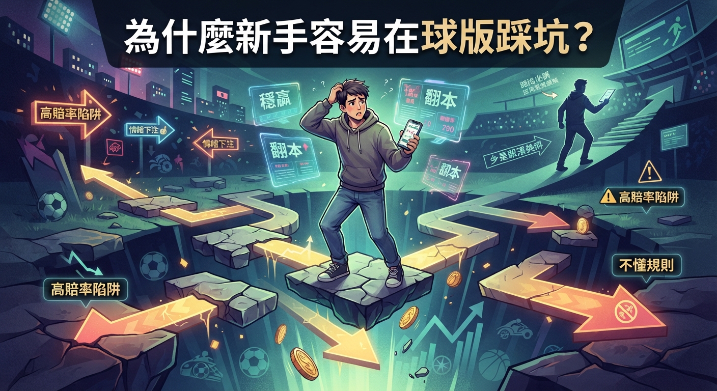 圖片展示了一名新手在球版(運動博彩平台)陷入陷阱的困境。畫面中充滿了各種誘惑與陷阱,突顯出新手容易踩坑的原因。